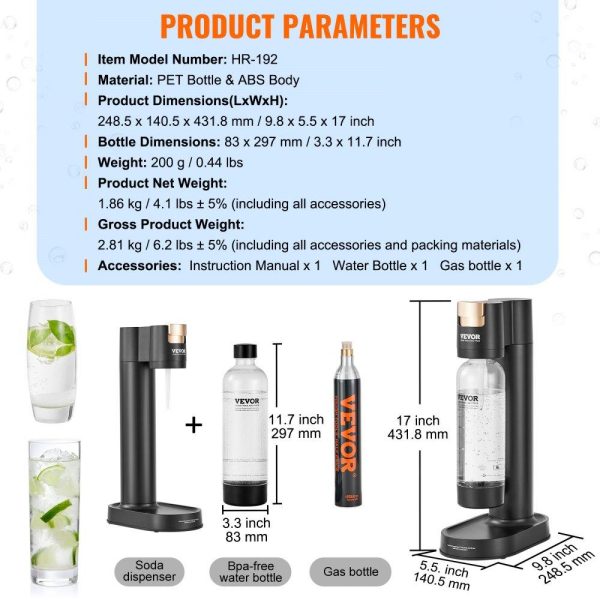 Beverage Equipment | Sparkling Water Maker, Soda Maker Machine for Home Carbonating, Seltzer Water Starter Kit with BPA-free 1L PET Bottle, CO2 Cylinder, Compatible with Mainstream Screw-in 60L CO2 Cylinder Beverage Equipment Beverage Equipment