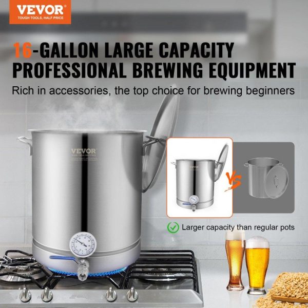 Beverage Equipment | Stainless Steel Kettle, 16 GALLON Brewing Pot, Tri Ply Bottom for Beer, Brew Kettle Pot, Home Brewing Supplies Includes Lid, Handle, Thermometer, Ball Valve Spigot, Filter, Filter Tray Beverage Equipment Beverage Equipment