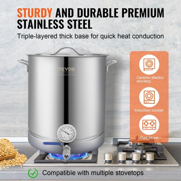 Beverage Equipment | Stainless Steel Kettle, 16 GALLON Brewing Pot, Tri Ply Bottom for Beer, Brew Kettle Pot, Home Brewing Supplies Includes Lid, Handle, Thermometer, Ball Valve Spigot, Filter, Filter Tray Beverage Equipment Beverage Equipment