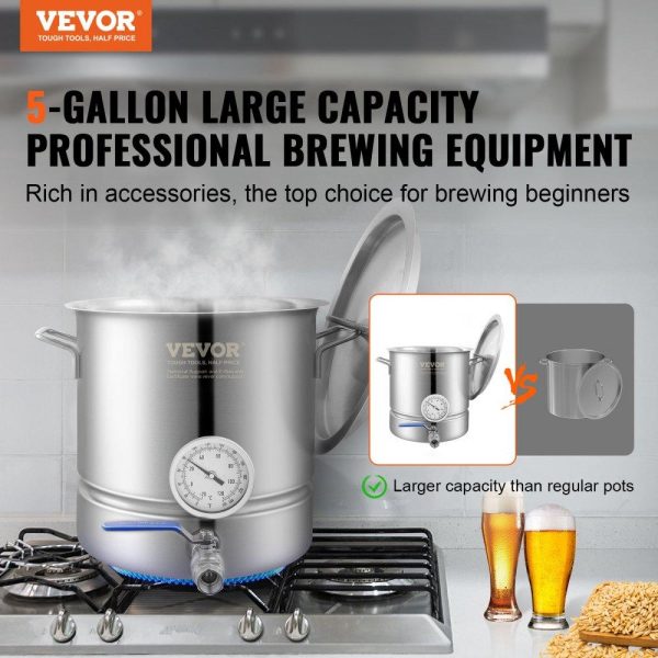 Beverage Equipment | Stainless Steel Kettle, 5 GALLON Brewing Pot, Tri Ply Bottom for Beer, Brew Kettle Pot for Beer Brewing, Home Brewing Supplies Includes Lid, Handle, Thermometer, Ball Valve Spigot Beverage Equipment Beverage Equipment