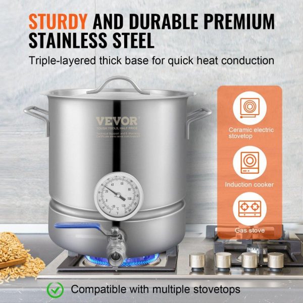 Beverage Equipment | Stainless Steel Kettle, 5 GALLON Brewing Pot, Tri Ply Bottom for Beer, Brew Kettle Pot for Beer Brewing, Home Brewing Supplies Includes Lid, Handle, Thermometer, Ball Valve Spigot Beverage Equipment Beverage Equipment