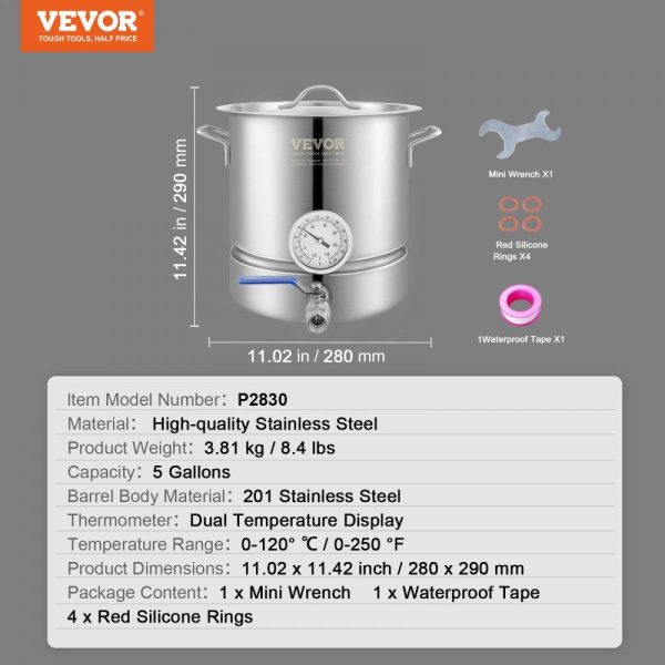 Beverage Equipment | Stainless Steel Kettle, 5 GALLON Brewing Pot, Tri Ply Bottom for Beer, Brew Kettle Pot for Beer Brewing, Home Brewing Supplies Includes Lid, Handle, Thermometer, Ball Valve Spigot Beverage Equipment Beverage Equipment