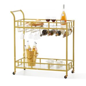 Carts | 2 Tiers Gold Metal Bar Serving Cart with Wine Rack Glass Holder 120 LBS Carts Carts