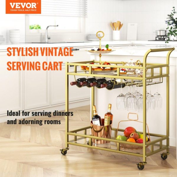 Carts | 2 Tiers Gold Metal Bar Serving Cart with Wine Rack Glass Holder 120 LBS Carts Carts