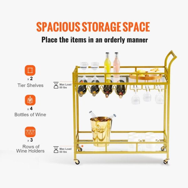 Carts | 2 Tiers Gold Metal Bar Serving Cart with Wine Rack Glass Holder 120 LBS Carts Carts