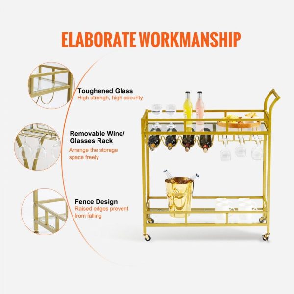 Carts | 2 Tiers Gold Metal Bar Serving Cart with Wine Rack Glass Holder 120 LBS Carts Carts