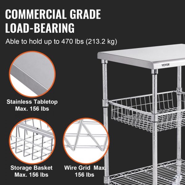 Carts | 3-Tier Utility Cart Rolling Cart on Wheels 24″x20″x36.6″ 470 LBS 6 Hooks Carts Carts