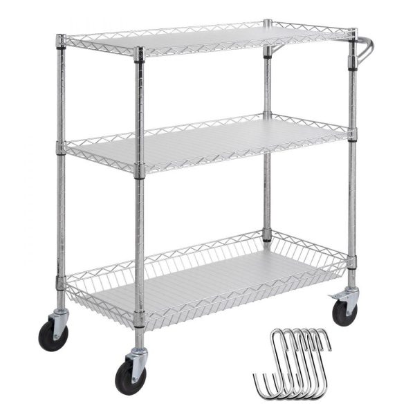 Carts | 3-Tier Utility Cart Rolling Cart on Wheels 35″x18″x35.5″ 661 LBS 6 Hooks Restaurant & Food Service Carts