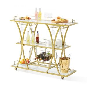 Carts | 3 Tiers Gold Metal Bar Serving Cart with Wine Rack Glass Holder 180 LBS Carts Carts