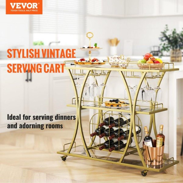 Carts | 3 Tiers Gold Metal Bar Serving Cart with Wine Rack Glass Holder 180 LBS Carts Carts