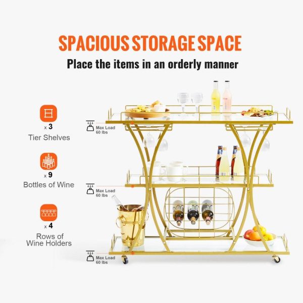 Carts | 3 Tiers Gold Metal Bar Serving Cart with Wine Rack Glass Holder 180 LBS Carts Carts