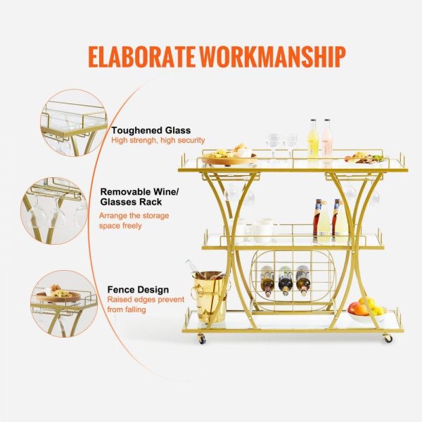 Carts | 3 Tiers Gold Metal Bar Serving Cart with Wine Rack Glass Holder 180 LBS Carts Carts