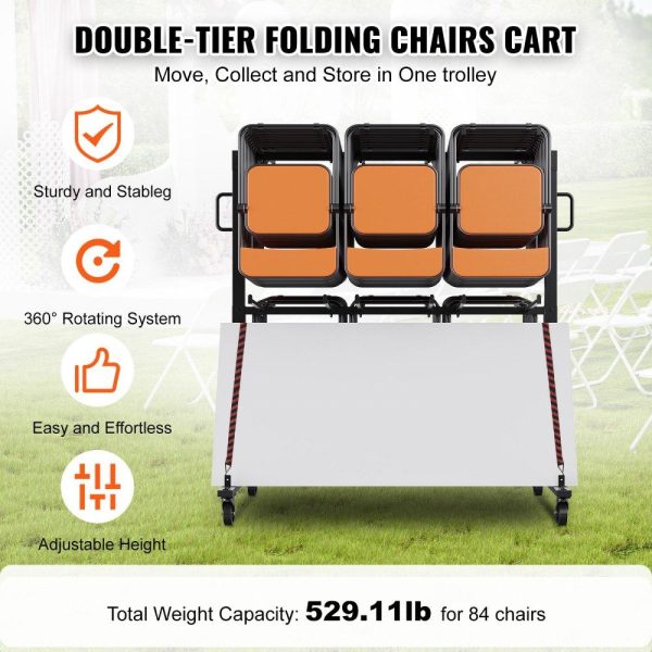 Carts | Folding Chair Cart, Double Layer Mobile Stackable Chair Dolly, Storage Rack Trolley with 530 Lbs Capacity to Store 84 Chairs, Heavy Duty Iron Chairs Holder with 4 Casters, 2 Elastic Cords, Cover Carts Carts