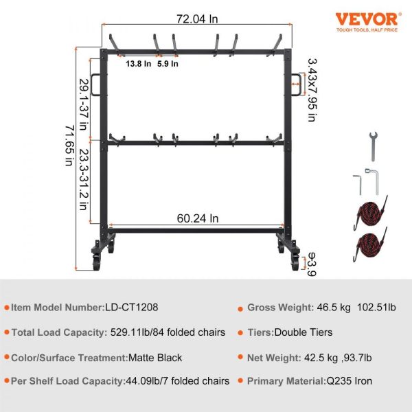 Carts | Folding Chair Cart, Double Layer Mobile Stackable Chair Dolly, Storage Rack Trolley with 530 Lbs Capacity to Store 84 Chairs, Heavy Duty Iron Chairs Holder with 4 Casters, 2 Elastic Cords, Cover Carts Carts