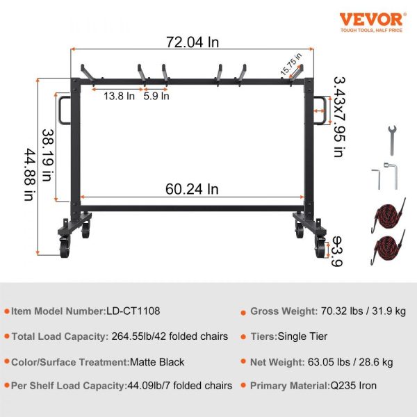 Carts | Folding Chair Cart, Single Layer Mobile Stackable Chair Dolly, Storage Rack Trolley with 265 Lbs Capacity to Store 42 Chairs, Heavy Duty Iron Chairs Holder with 4 Casters, 2 Elastic Cords, Cover Carts Carts