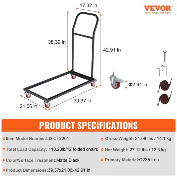 Carts | Folding Chair Dolly, Iron Commercial Cart with 12 Chairs Capacity, Folding Chairs Rack Trolley with 4 Casters, Storage Transport Dolly for Flat Stacking Plastic Resin and Wood Chairs, Black Carts Carts