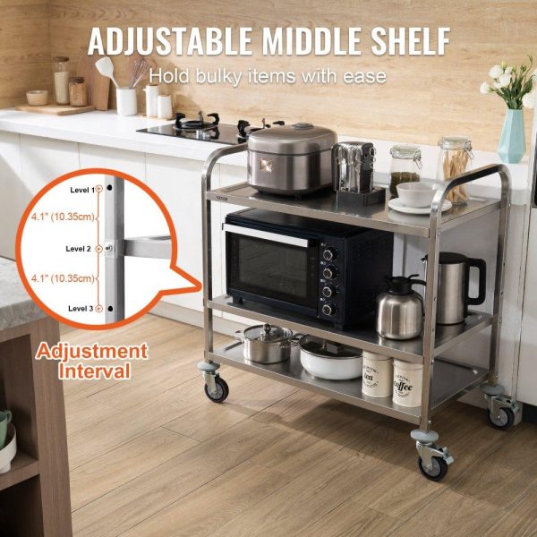 Carts | Kitchen Utility Cart, 3 Tiers, Wire Rolling Cart w/ 450LBS Capacity, Steel Service Cart on Wheels, Metal Storage Trolley w/ 80mm Basket Curved Handle PP Liner 6 Hooks, for Indoor and Outdoor Use Carts Carts