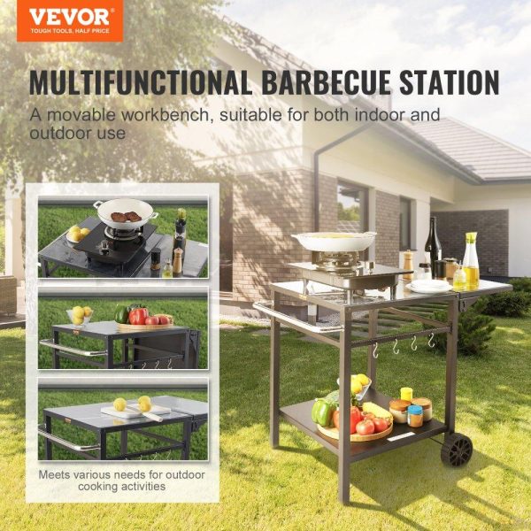 Carts | Outdoor Grill Dining Cart with Double-Shelf, BBQ Movable Food Prep Table, Multifunctional Foldable Iron Table Top, Portable Modular Carts for Pizza Oven, Worktable with 2 Wheels, Carry Handle Carts Carts