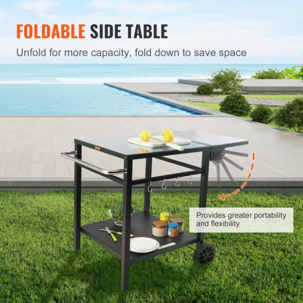 Carts | Outdoor Grill Dining Cart with Double-Shelf, BBQ Movable Food Prep Table, Multifunctional Foldable Iron Table Top, Portable Modular Carts for Pizza Oven, Worktable with 2 Wheels, Carry Handle Carts Carts