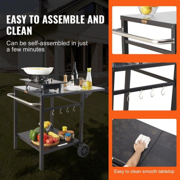 Carts | Outdoor Grill Dining Cart with Double-Shelf, BBQ Movable Food Prep Table, Multifunctional Foldable Iron Table Top, Portable Modular Carts for Pizza Oven, Worktable with 2 Wheels, Carry Handle Carts Carts