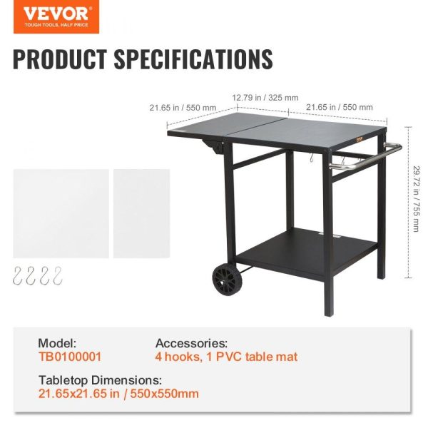 Carts | Outdoor Grill Dining Cart with Double-Shelf, BBQ Movable Food Prep Table, Multifunctional Foldable Iron Table Top, Portable Modular Carts for Pizza Oven, Worktable with 2 Wheels, Carry Handle Carts Carts