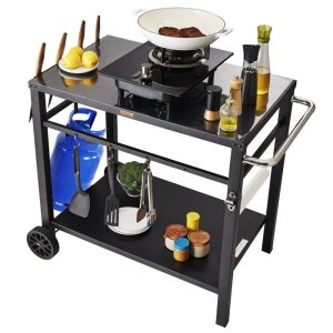 Carts | Outdoor Grill Dining Cart with Double-Shelf, BBQ Movable Food Prep Table, Multifunctional Iron Table Top, Portable Modular Carts for Pizza Oven, Worktable with 2 Wheels, Carry Handle, Black Carts Carts