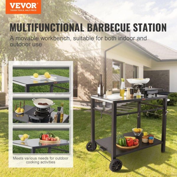 Carts | Outdoor Grill Dining Cart with Double-Shelf, BBQ Movable Food Prep Table, Multifunctional Iron Table Top, Portable Modular Carts for Pizza Oven, Worktable with 2 Wheels, Carry Handle, Black Carts Carts