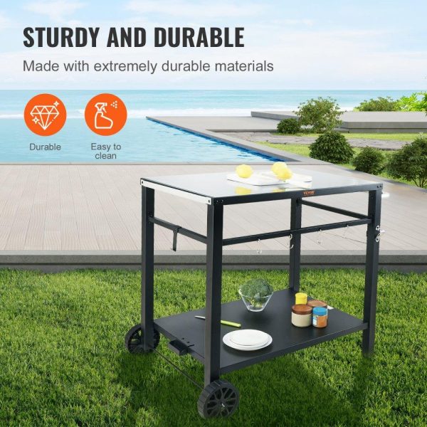 Carts | Outdoor Grill Dining Cart with Double-Shelf, BBQ Movable Food Prep Table, Multifunctional Iron Table Top, Portable Modular Carts for Pizza Oven, Worktable with 2 Wheels, Carry Handle, Black Carts Carts