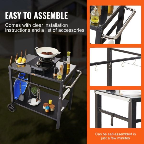 Carts | Outdoor Grill Dining Cart with Double-Shelf, BBQ Movable Food Prep Table, Multifunctional Iron Table Top, Portable Modular Carts for Pizza Oven, Worktable with 2 Wheels, Carry Handle, Black Carts Carts