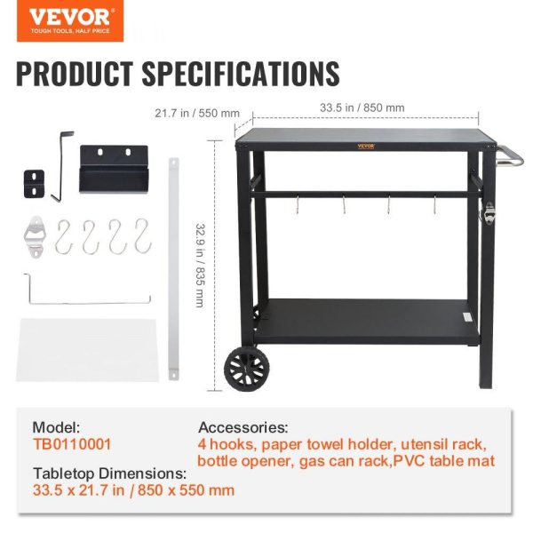 Carts | Outdoor Grill Dining Cart with Double-Shelf, BBQ Movable Food Prep Table, Multifunctional Iron Table Top, Portable Modular Carts for Pizza Oven, Worktable with 2 Wheels, Carry Handle, Black Carts Carts