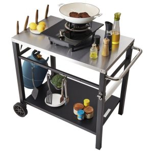 Carts | Outdoor Grill Dining Cart with Double-Shelf, BBQ Movable Food Prep Table, Multifunctional Stainless Steel Table Top, Portable Modular Carts for Pizza Oven, Worktable with 2 Wheels, Carry Handle Carts Carts