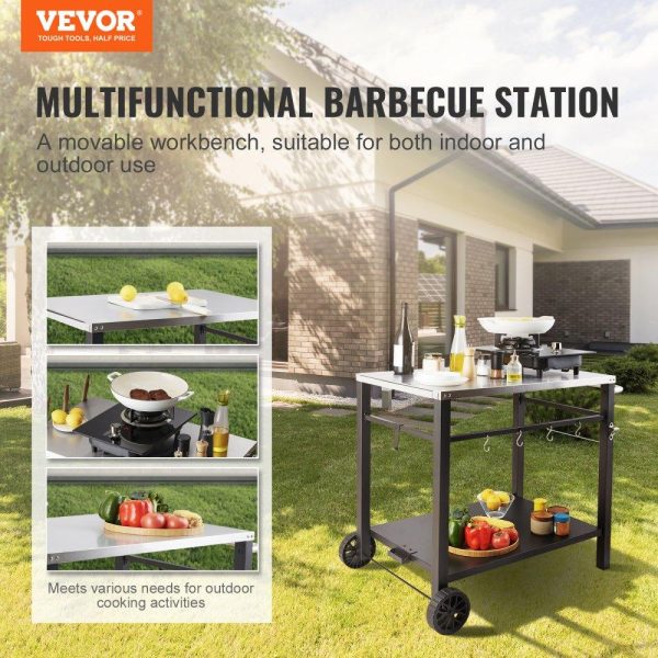 Carts | Outdoor Grill Dining Cart with Double-Shelf, BBQ Movable Food Prep Table, Multifunctional Stainless Steel Table Top, Portable Modular Carts for Pizza Oven, Worktable with 2 Wheels, Carry Handle Carts Carts