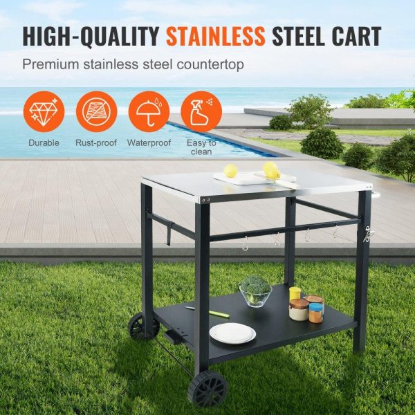 Carts | Outdoor Grill Dining Cart with Double-Shelf, BBQ Movable Food Prep Table, Multifunctional Stainless Steel Table Top, Portable Modular Carts for Pizza Oven, Worktable with 2 Wheels, Carry Handle Carts Carts