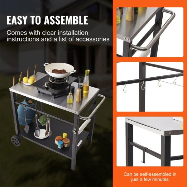 Carts | Outdoor Grill Dining Cart with Double-Shelf, BBQ Movable Food Prep Table, Multifunctional Stainless Steel Table Top, Portable Modular Carts for Pizza Oven, Worktable with 2 Wheels, Carry Handle Carts Carts