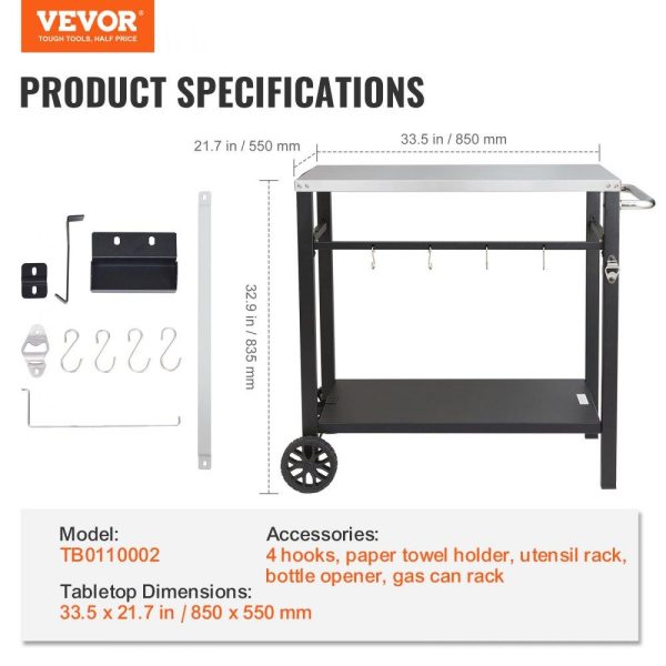 Carts | Outdoor Grill Dining Cart with Double-Shelf, BBQ Movable Food Prep Table, Multifunctional Stainless Steel Table Top, Portable Modular Carts for Pizza Oven, Worktable with 2 Wheels, Carry Handle Carts Carts