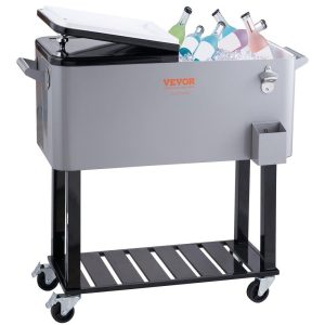 Carts | Rolling Ice Chest Cooler Cart 80 Quart, Portable Bar Drink Cooler, Beverage Bar Stand Up Cooler with Wheels, Bottle Opener, Handles for Patio, Backyard, Party and Pool, Gray, FDA Listed Gray Carts Carts