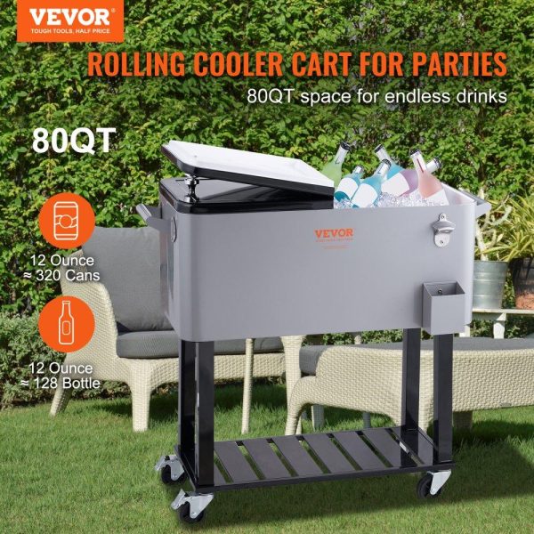 Carts | Rolling Ice Chest Cooler Cart 80 Quart, Portable Bar Drink Cooler, Beverage Bar Stand Up Cooler with Wheels, Bottle Opener, Handles for Patio, Backyard, Party and Pool, Gray, FDA Listed Gray Carts Carts