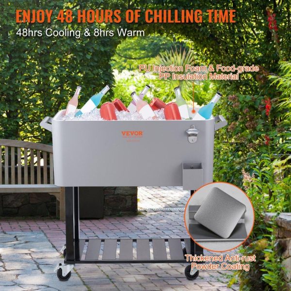 Carts | Rolling Ice Chest Cooler Cart 80 Quart, Portable Bar Drink Cooler, Beverage Bar Stand Up Cooler with Wheels, Bottle Opener, Handles for Patio, Backyard, Party and Pool, Gray, FDA Listed Gray Carts Carts