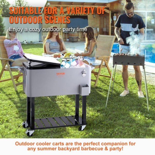 Carts | Rolling Ice Chest Cooler Cart 80 Quart, Portable Bar Drink Cooler, Beverage Bar Stand Up Cooler with Wheels, Bottle Opener, Handles for Patio, Backyard, Party and Pool, Gray, FDA Listed Gray Carts Carts