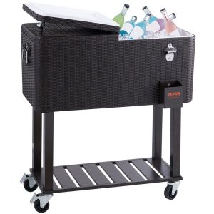 Carts | Rolling Ice Chest Cooler Cart 80 Quart, Portable Bar Drink Cooler, Beverage Bar Stand Up Cooler with Wheels, Bottle Opener, Handles for Patio Backyard Party Pool, Wooden Rattan Accent, Brown Carts Carts