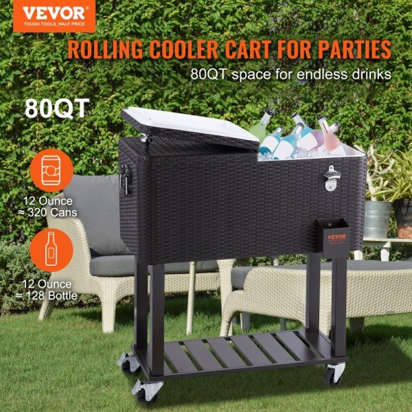 Carts | Rolling Ice Chest Cooler Cart 80 Quart, Portable Bar Drink Cooler, Beverage Bar Stand Up Cooler with Wheels, Bottle Opener, Handles for Patio Backyard Party Pool, Wooden Rattan Accent, Brown Carts Carts