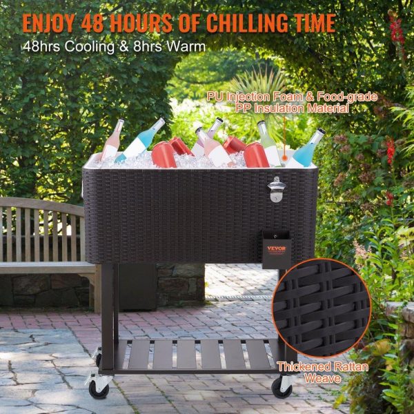 Carts | Rolling Ice Chest Cooler Cart 80 Quart, Portable Bar Drink Cooler, Beverage Bar Stand Up Cooler with Wheels, Bottle Opener, Handles for Patio Backyard Party Pool, Wooden Rattan Accent, Brown Carts Carts