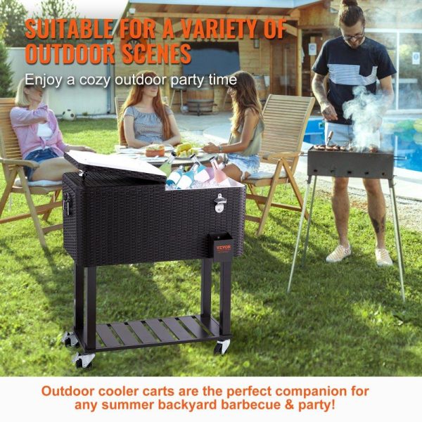 Carts | Rolling Ice Chest Cooler Cart 80 Quart, Portable Bar Drink Cooler, Beverage Bar Stand Up Cooler with Wheels, Bottle Opener, Handles for Patio Backyard Party Pool, Wooden Rattan Accent, Brown Carts Carts