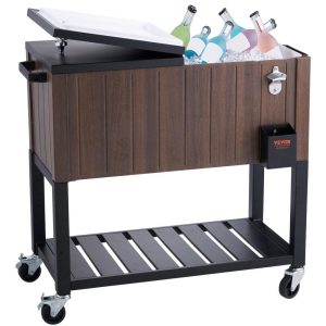 Carts | Rolling Ice Chest Cooler Cart 80 Quart, Portable Bar Drink Cooler, Beverage Bar Stand Up Cooler with Wheels, Bottle Opener, Handles for Patio Backyard Party Pool, Wooden Teak Accent, Brown Carts Carts