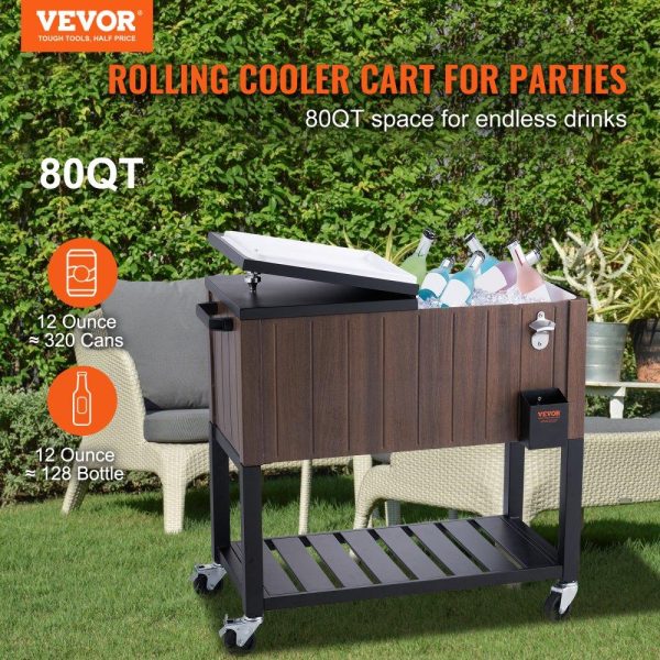 Carts | Rolling Ice Chest Cooler Cart 80 Quart, Portable Bar Drink Cooler, Beverage Bar Stand Up Cooler with Wheels, Bottle Opener, Handles for Patio Backyard Party Pool, Wooden Teak Accent, Brown Carts Carts