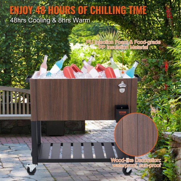 Carts | Rolling Ice Chest Cooler Cart 80 Quart, Portable Bar Drink Cooler, Beverage Bar Stand Up Cooler with Wheels, Bottle Opener, Handles for Patio Backyard Party Pool, Wooden Teak Accent, Brown Carts Carts