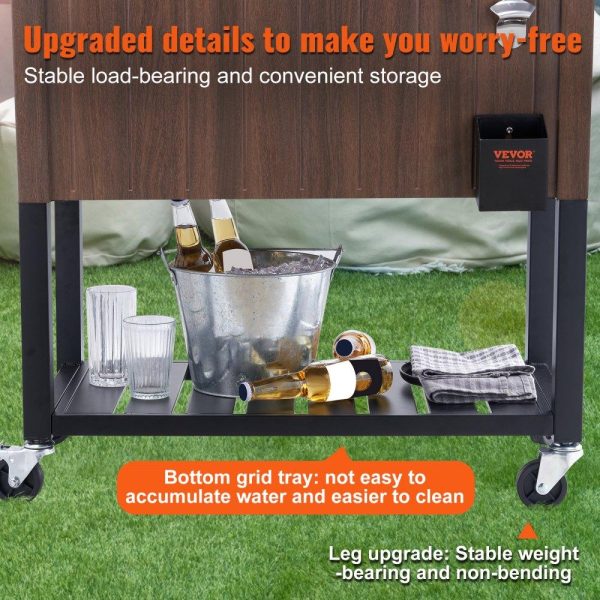 Carts | Rolling Ice Chest Cooler Cart 80 Quart, Portable Bar Drink Cooler, Beverage Bar Stand Up Cooler with Wheels, Bottle Opener, Handles for Patio Backyard Party Pool, Wooden Teak Accent, Brown Carts Carts