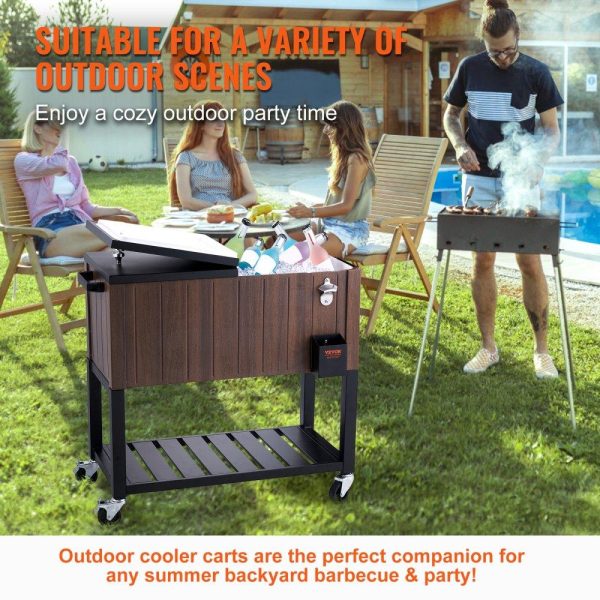 Carts | Rolling Ice Chest Cooler Cart 80 Quart, Portable Bar Drink Cooler, Beverage Bar Stand Up Cooler with Wheels, Bottle Opener, Handles for Patio Backyard Party Pool, Wooden Teak Accent, Brown Carts Carts