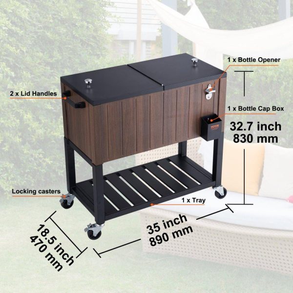 Carts | Rolling Ice Chest Cooler Cart 80 Quart, Portable Bar Drink Cooler, Beverage Bar Stand Up Cooler with Wheels, Bottle Opener, Handles for Patio Backyard Party Pool, Wooden Teak Accent, Brown Carts Carts