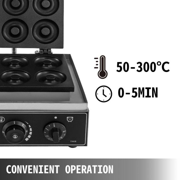 Cooking Equipment | 110V Commercial Waffle Donut Machine 6 Holes Double-Sided Heating 50-300℃, Electric Doughnut Maker 1550W, Non-stick Donut MakerTeflon-Coating for Professional Kitchen (Depth:0.55″,Dia:2.95″) Cooking Equipment Cooking Equipment